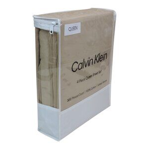 Calvin Klein Queen Sheet Set 300TC Cotton Sateen Beige Fits 18" Deep Mattress